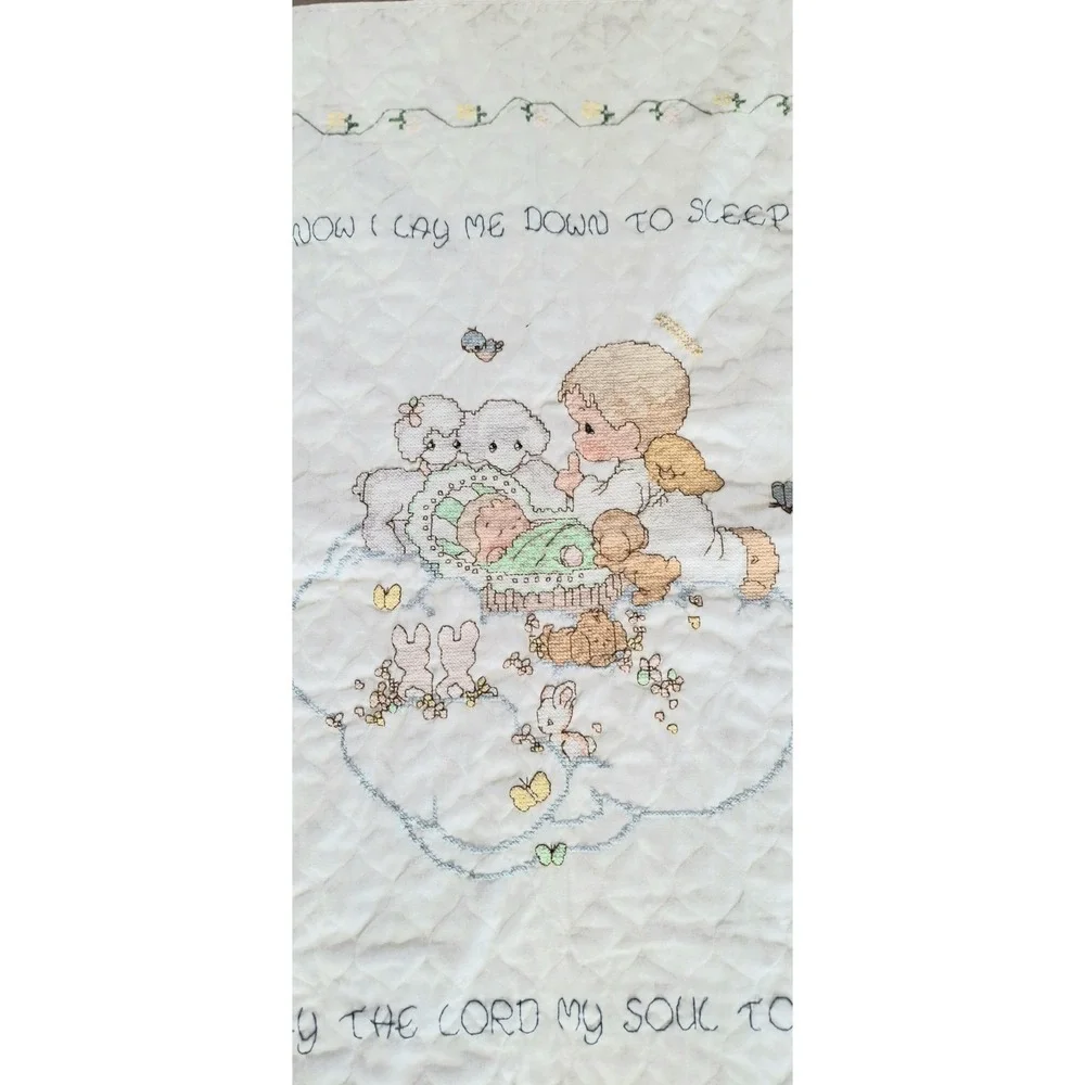 Vintage 1997 Handmade Baby Quilt 33x40 Cross Stitch Now I Lay Me Down Prayer EUC